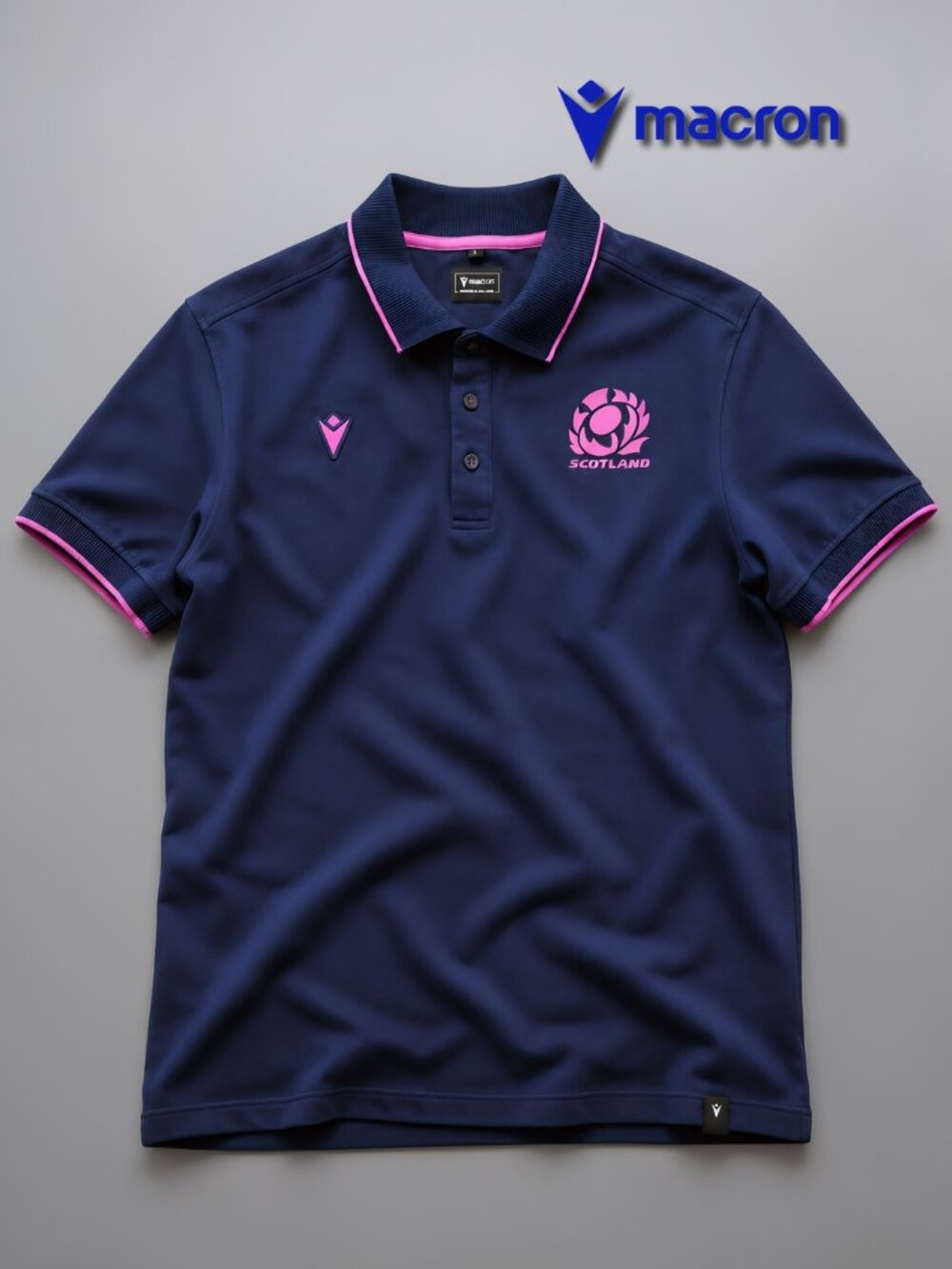 Macron Scotland Rugby 25/26 Player Travel Polo Navy Pink - Size L